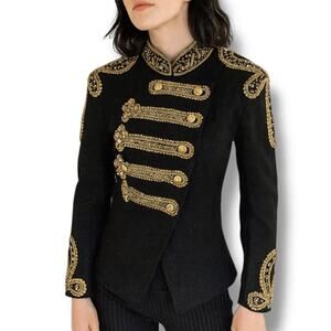 Classyak Black Military Jacket Tailored Gold Beaded Metallic Sequin Blazer Small